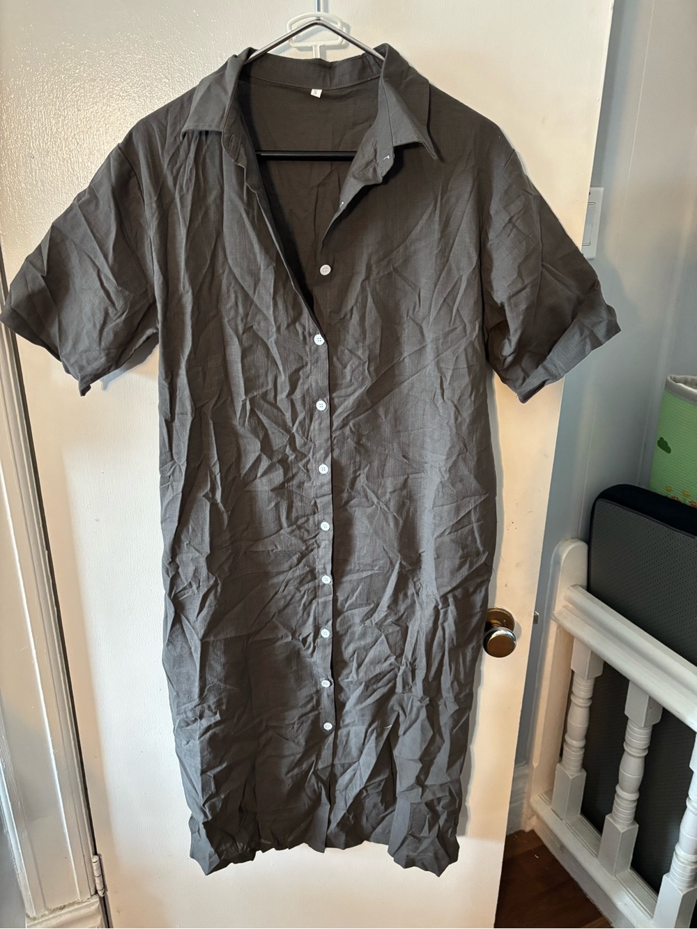Woman’s Short-Sleeve Button-Up Shirt Dress — charcoal gray/green colour